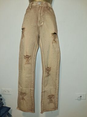Men's Distressed Tan Jeans with Stud Detail